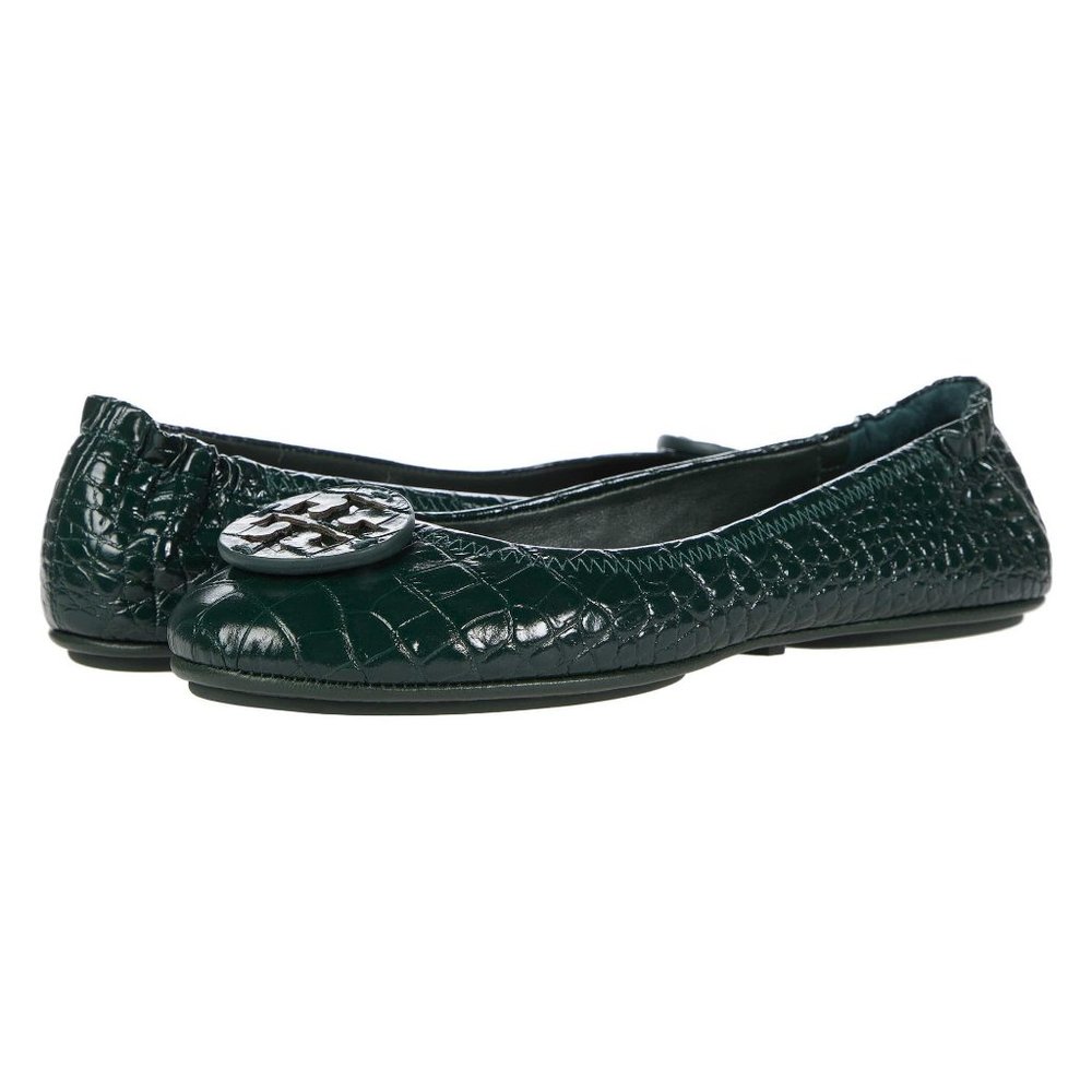 Tory Burch NIB Minnie Croc Embossed Green Verde Ballet Flats - Picture 2 of 7